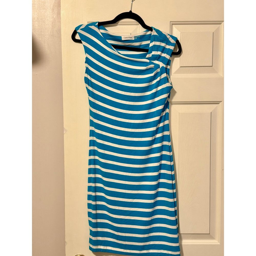 Calvin Klein Turquoise & White Striped Sleeveless Sheath‎ Dress Size 4